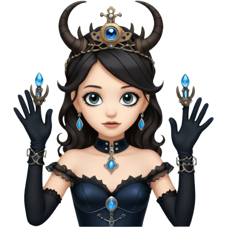 Slim fitting seductive dress Holed and worn Lavish black evening gown with see-through wispy black gloves, holding pose Jenna Ortega as student Addams woman wearing a steampunk style mini tiara, very large blue evil-looking horned old evil eyes  emoji