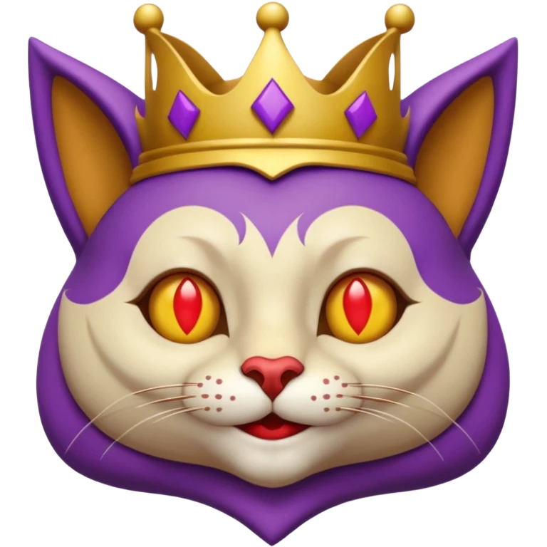 crazy colorful cute little cat jolly joker from poker, medieval, vintage, court jester, mac os icon, purple, gold and red color, half body. Squared shape as 3D mac os icon, symmetrical emoji