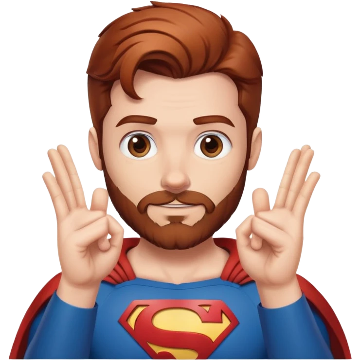 Adult Superman with redish brownish hair and full beard making hand heart emoji emoji