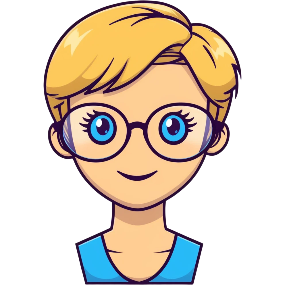blonde teacher with pixie haircut, gold glasses, blue eyes, big eyelashes, nice smile emoji
