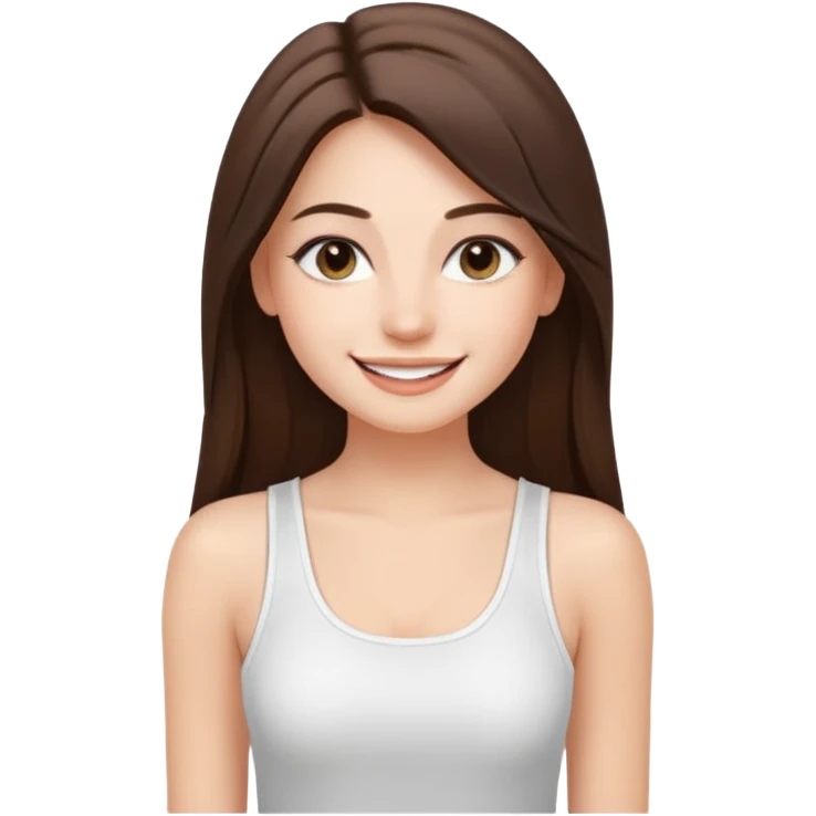 a pretty bratz fair girl with straight brunette long hair, middle partition. wearing a white thin strap trap tank top, smiling, wearing light makeup. very pretty. emoji