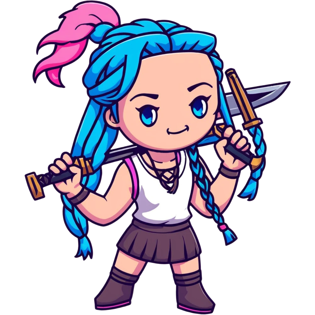Jinx from League of Legends with long blue braids, pink eyes, and weapons emoji