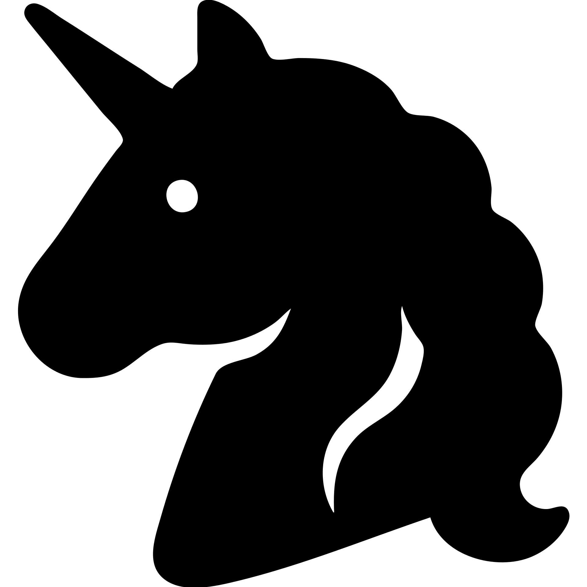 A unicorn in a black filled icon style, with a mane. emoji