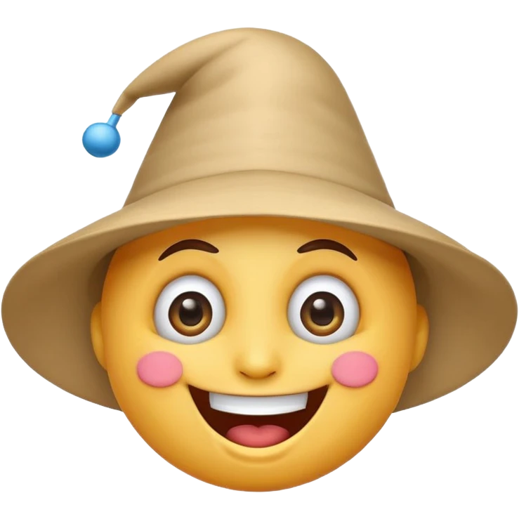 A crazy, laughing emoji with a funnel hat on its head. Exaggerated wide smile, big expressive eyes, playful and silly expression. Cartoon style, clean lines, bright colors, simple background, emoji-style illustration, high quality, centered composition emoji