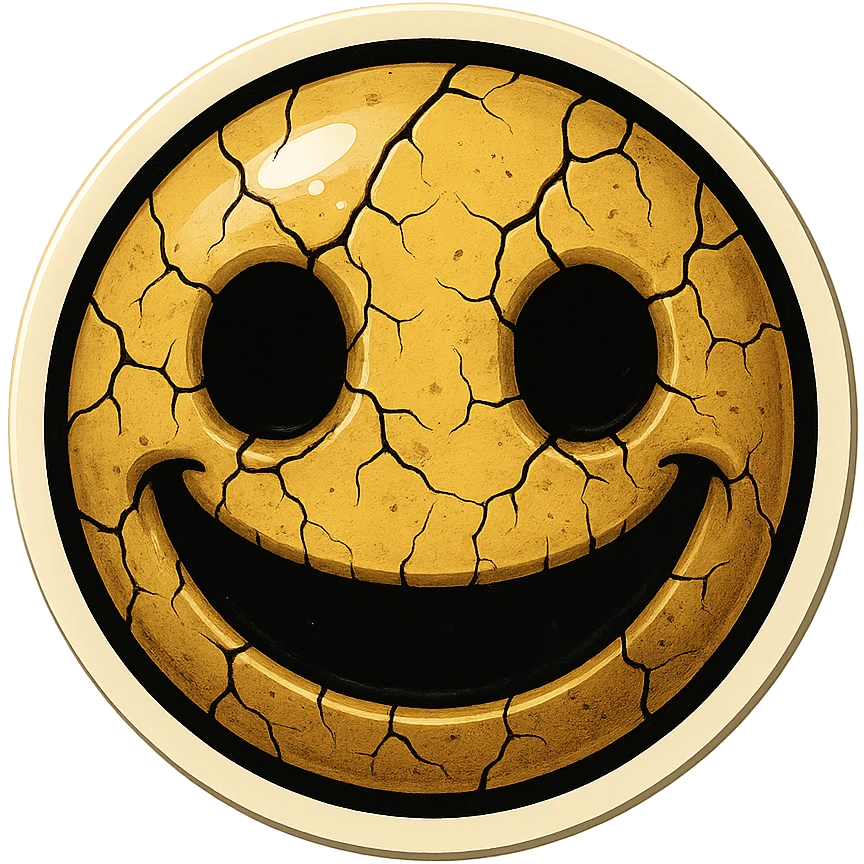 creepy emoji with cracks, empty eyes and wide smile, retro stickers style, sharp black outlines, clear shadows and highlights, no gradients emoji