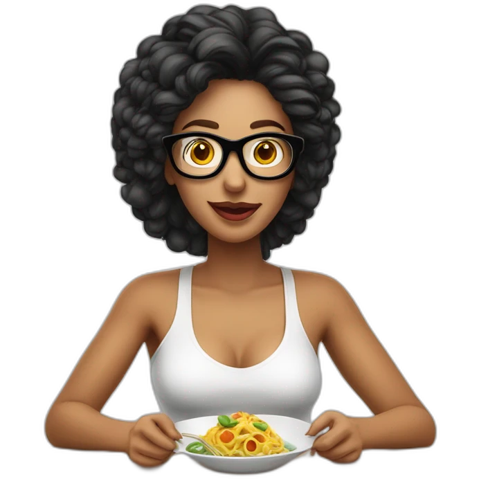 mujer gafas piel blanca pelo largo negro comiendo espagueti con camarones emoji