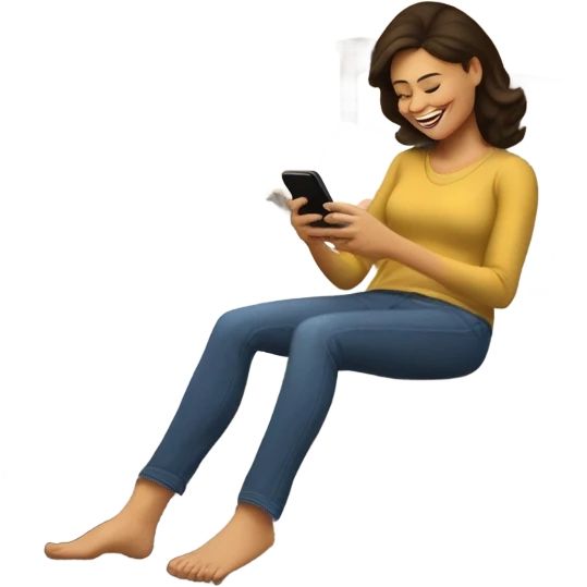 Brunette mom giggling and kicking her feet while laying on her bed looking at her phone emoji