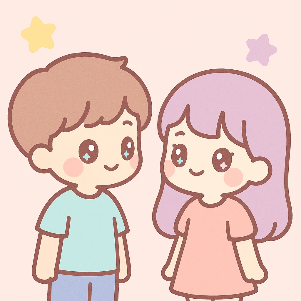 a boy looking at a girl, kawaii style emoji