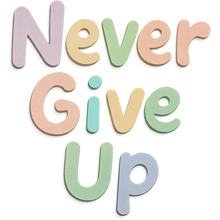 "Never Give Up" in soft pastel rainbow playful script font, kawaii, no outline, transparent background emoji