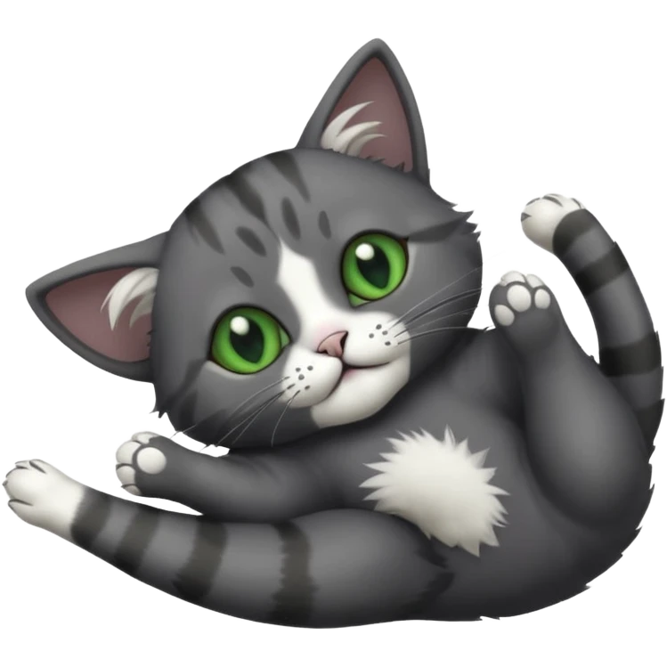 solid dark grey cat with green eyes, completely solid grey face, white toes/paws playing rolling upside down emoji
