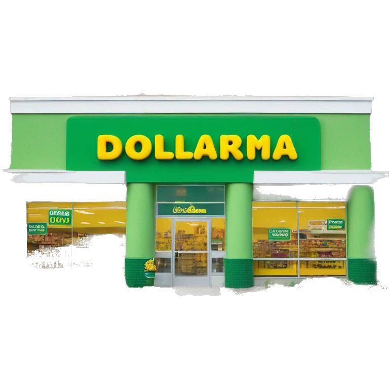 “Exterior of a Dollarama store with the bright green facade, bold yellow Dollarama sign, large front windows, and entrance doors, capturing the look of a budget-friendly retail store.” emoji