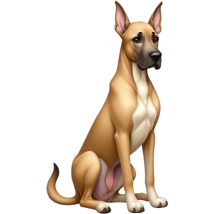 cinematic-[fawn great dane]-realistic-full-body-sitting-emoji,-tail-resting-loosely-beside-its-paws,-head-tilted-dramatically, ears down-sleek-[fawn]-fur,-simplified-yet-realistic-focused-features,-highly-detailed,-glowing-with-an-almost-sarcastic-glow emoji