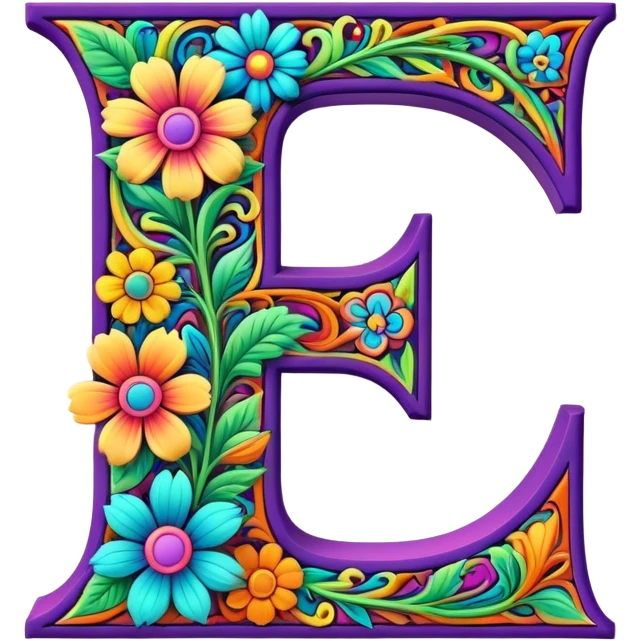 3D, gothic style psychedelic colored Letter “F” with hippie style flower border emoji