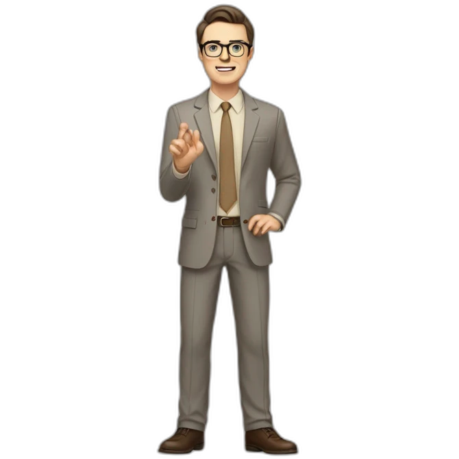 Full height Actively gesturing with hands Pale skinned fit man with dark brown hair in gray jacket, beige office shirt, brown tie, brown pants and vintage glasses. emoji