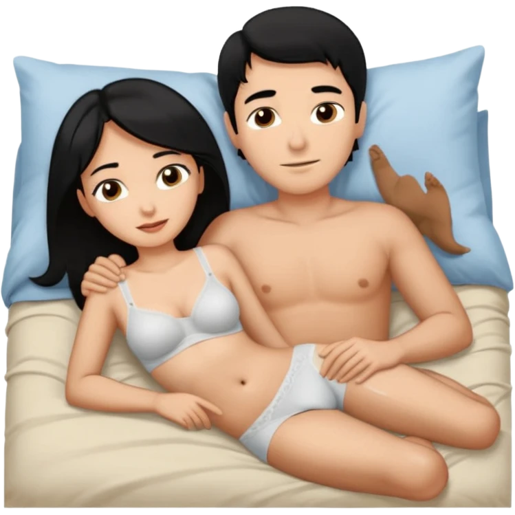 Мужчина и женщина спять в одной кровати, муж - черные волосы, в трусах лежит прямо на спину. На правой руке лежит голая девушка.на левый в бок, на правой руке мужа. Жена поставила правую ногу на живот мужа. emoji