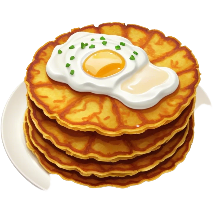 Cinematic Realistic Placki Ziemniaczane Dish Emoji, depicted as crispy potato pancakes served with sour cream rendered with vivid textures and warm, appetizing lighting. emoji