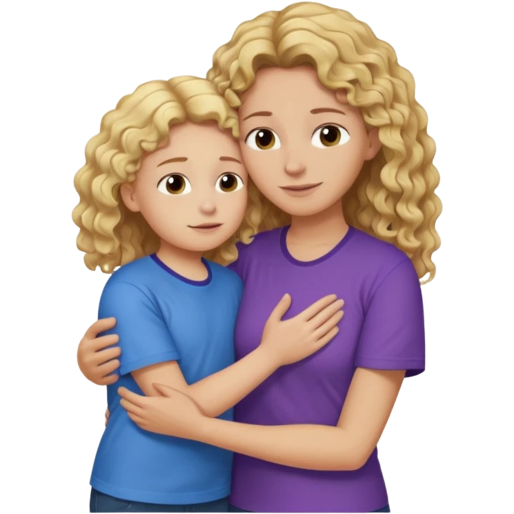 a mother with blond curly long wearing purple hugging his son with brown hair wearing blue and like saying its okay emoji