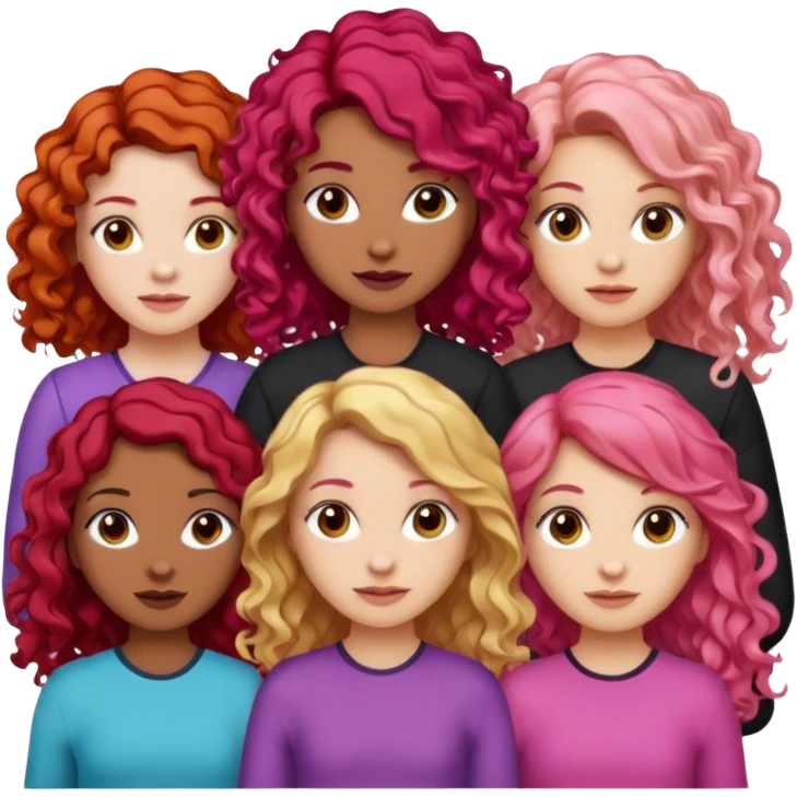 5 girlsone curly redhead, one with brunette dyed blonde hair, one long haired wavy brunette, one mid-length haired brunette, and one black haired girl with partially dyed bright red/pink hair emoji
