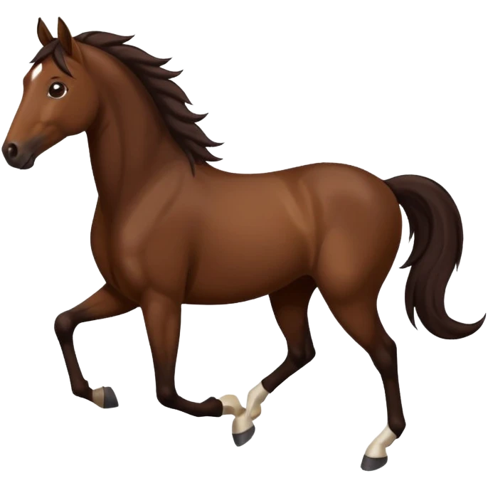 Make a brown horse emoji that has a white spot on head and deep dark brown legs up to knees, also make the tail and mane  a very very dark brown, also make the horse trotting emoji