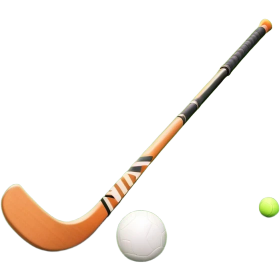 A field hockey stick and ball positioned on a vibrant green grass field, with the goalposts and clear field markings in the background. The scene highlights the lush, well-maintained turf, emphasizing the speed and precision of the sport in an energizing outdoor setting. emoji