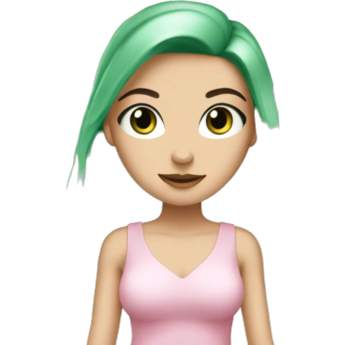 white girl with very long black hair and green eyes and light pink outfit holding a ton of shopping bags emoji