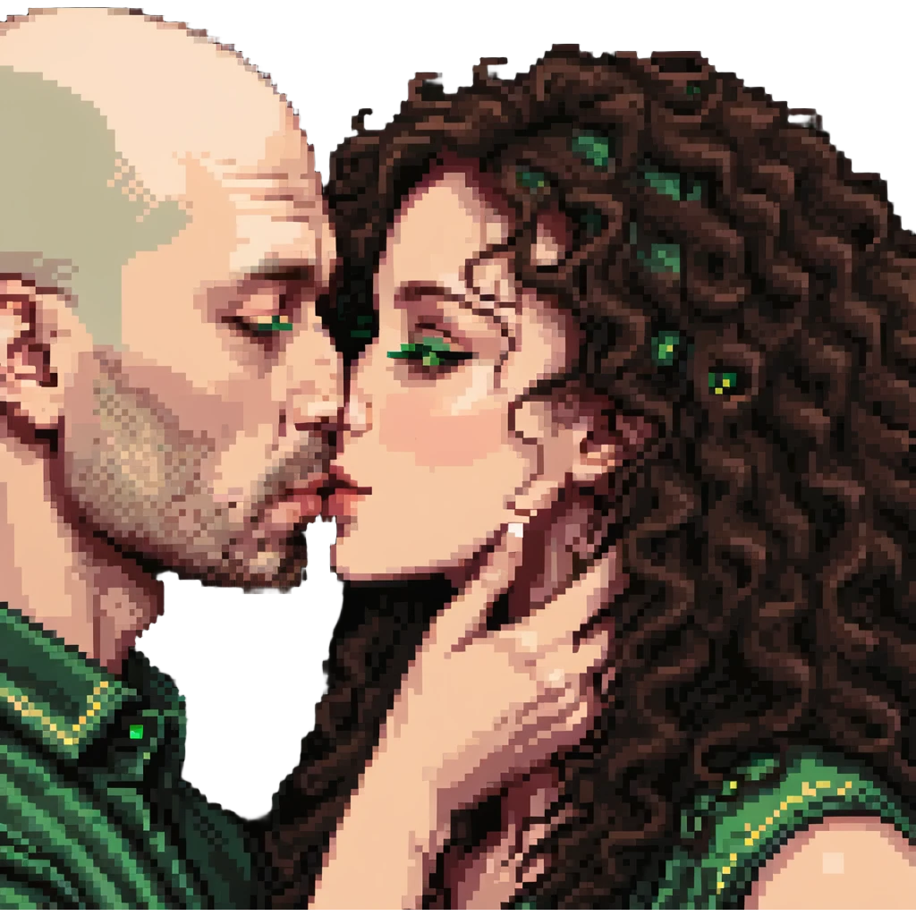 caucasian bald man with green eyes and caucasian woman with long curly dark hair and brown eyes kissing emoji