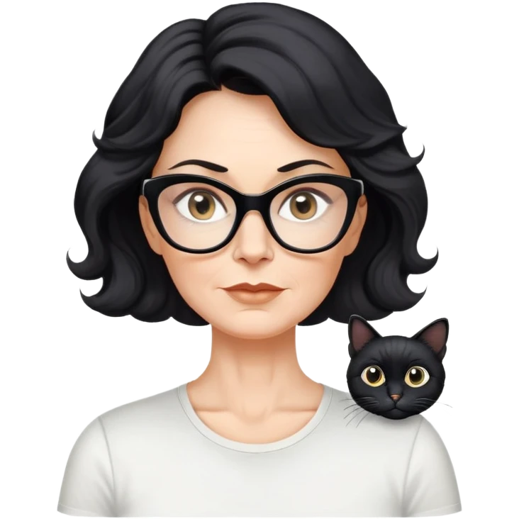 white woman about 50 years old with light warm skin, wavy black hair to the neck, neutral determined expression, large black shiny butterfly or cat-eye glasses, white casual t-shirt, calm and creative energy emoji
