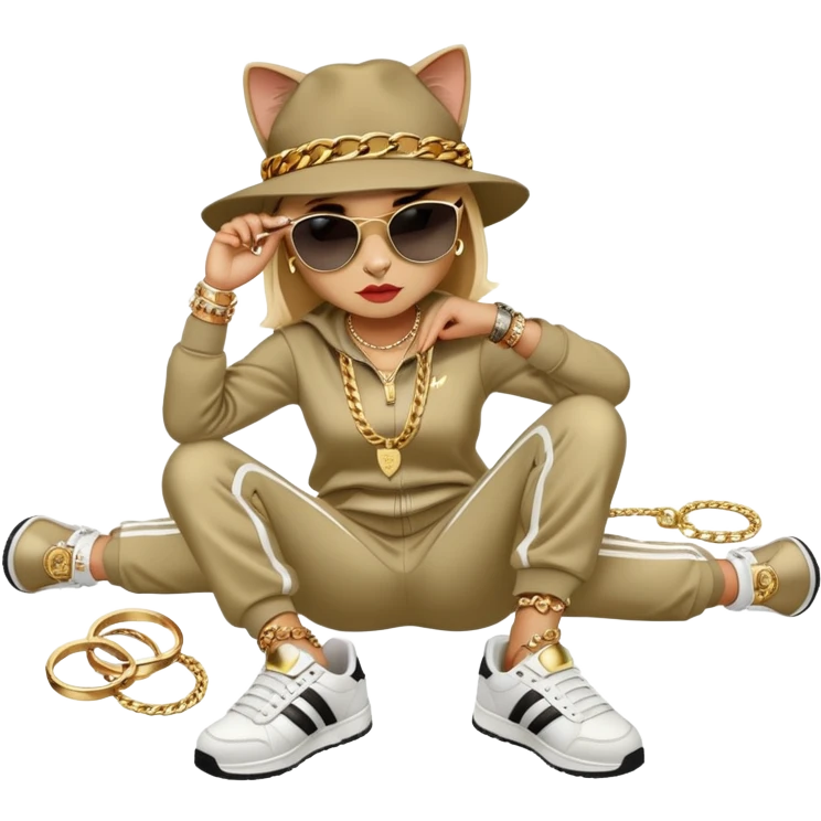 female cat dressed like Run DMC in tracksuit, fedora, Adidas shoes, dark sunglasses, lots of gold chains, rings, bracelets, earrings, lying on the ground after falling emoji