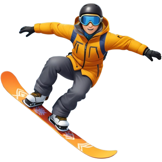 An icon showing a snowboarder performing an exciting jump on a snow-covered slope. The background features towering mountains, snow-covered trees, and a bright, clear sky. Transparent background highlights the speed, agility, and thrill of snowboarding. emoji