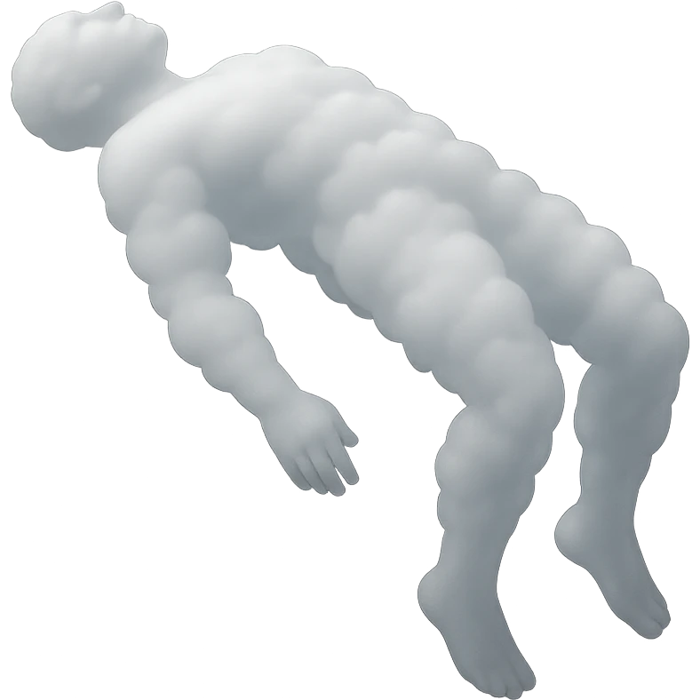 side view unconscious person flying with torso upwards, limbs downwards, made of white fluffy clouds, matte glass style emoji