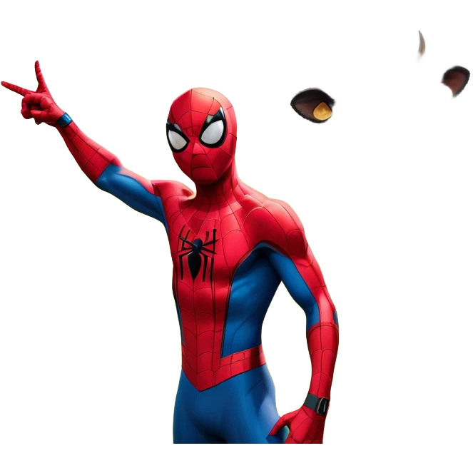 "A highly detailed and realistic Spider-Man standing in a rural farm setting with cows in the background. He has an exaggerated, cartoonishly wide grin, showing big white teeth, and is making a playful gesture by pointing to his head. The scene is bright and colorful, with a mix of realism and surreal humor, giving the image a funny and slightly eerie vibe emoji