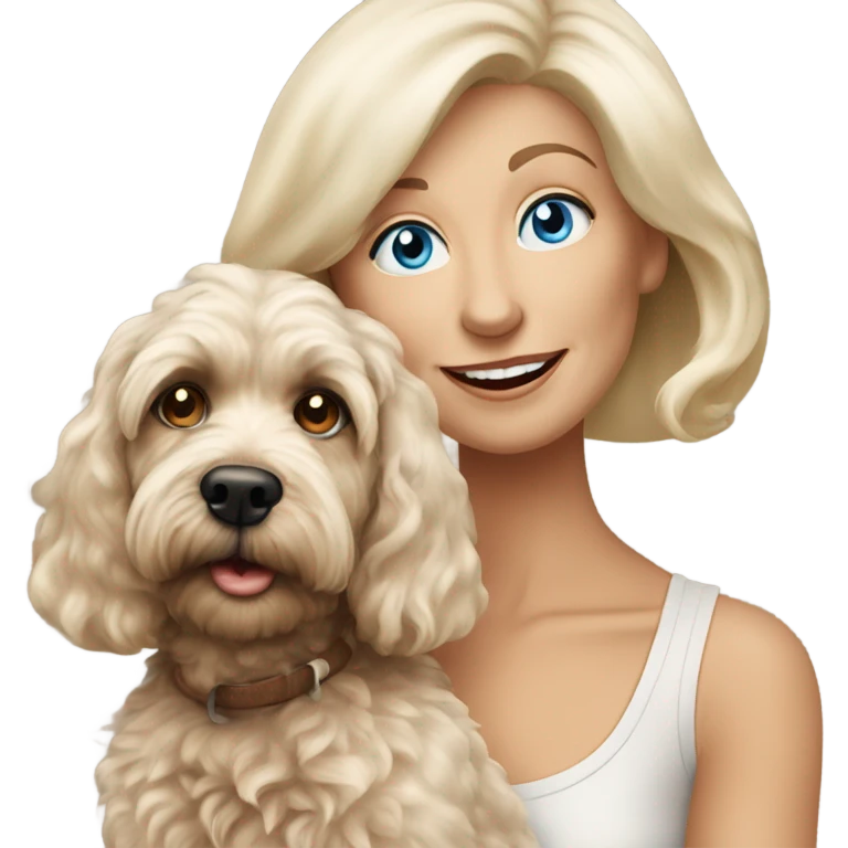 blue eyed old blonde lady with dark brown Cockapoo puppy dog emoji