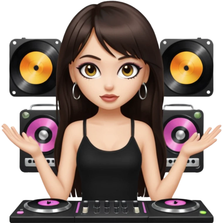 generate a pretty bratz girl in black cami top, dark brown straight long hair with bangs, eyeliner on, djing, fair emoji