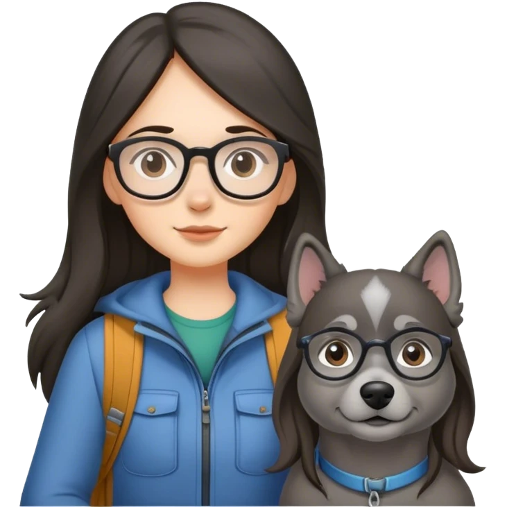 Girl with glasses and long dark hair hiking with grey dog emoji
