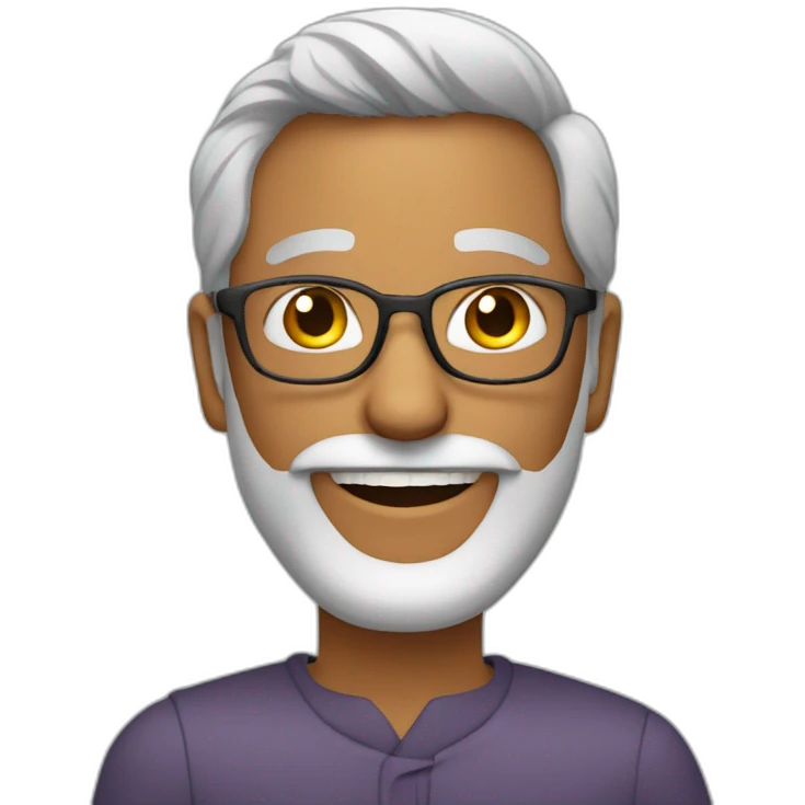 A smiling Indian man with grey hair, beard, glasses, and a gold tooth emoji