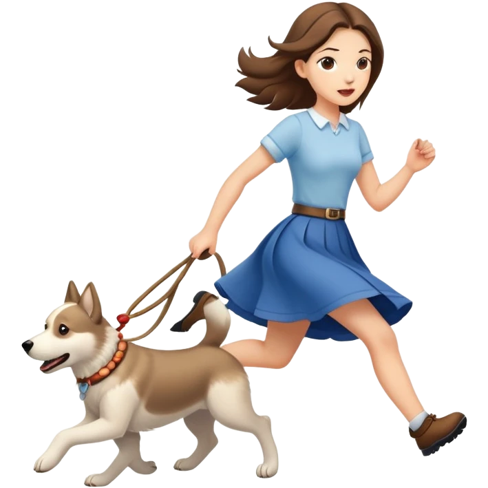 A beautiful girl with fair skin wearing a skirt happily chases the Alaskan dog emoji