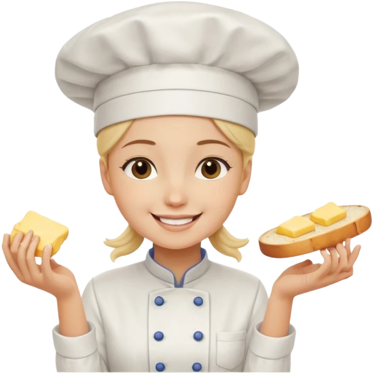 Young female baker - white chef hat, spreading butter on bread emoji