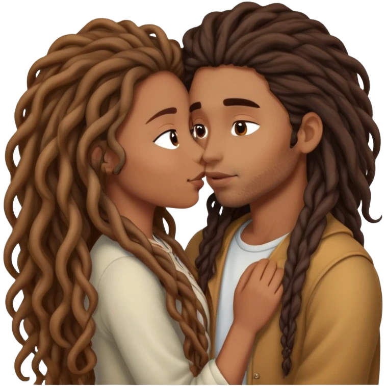 Long curly hair brown girl, long dread brown boy, couple kissing emoji