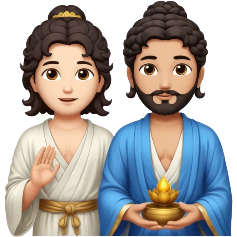 Create a Jesus - long wavy dark-brown hair, short beard, wearing a simple white robe., Krishna- blue skin with dark curled hair , and Buddha standing together. Buddha: warm golden or light tan skin, dark curled hair with a traditional top bun (ushnisha)

 emoji