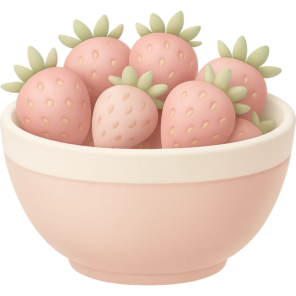 Make the colors of the elegant pastel pink bowl overflowing with strawberries softer and less saturated, avoid high contrast, keep the style as emoji, with no background. The style should resemble emoji style with soft pastel colors and no background. emoji
