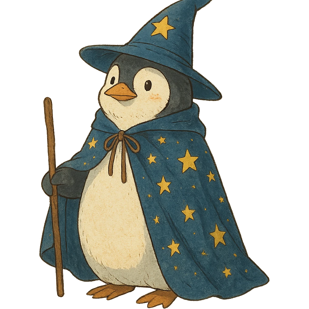 penguin wizard with a starry cloak and pointed hat emoji