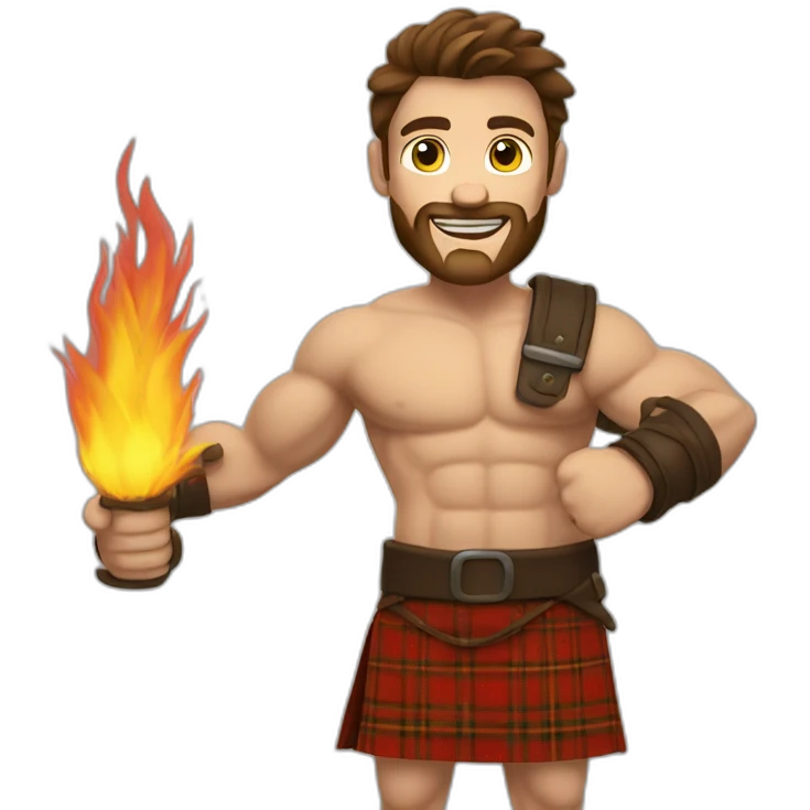 monty starting fire wearing a kilt flexed bicep muscle brown haired emoji