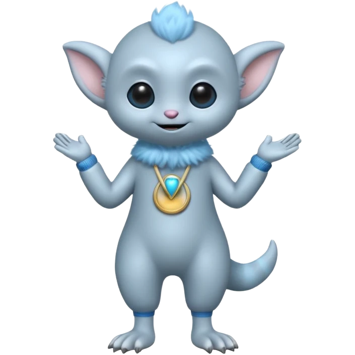 full body ...cute peacefull alien furry with 2 legs ....it has 1 eye....stands upright and looks intelligent ...wears clothing. is light grey and light blue..looks happy and cuddly... doesnt have eyes on face, there is a appendage coming from top of head with a single large eye emoji