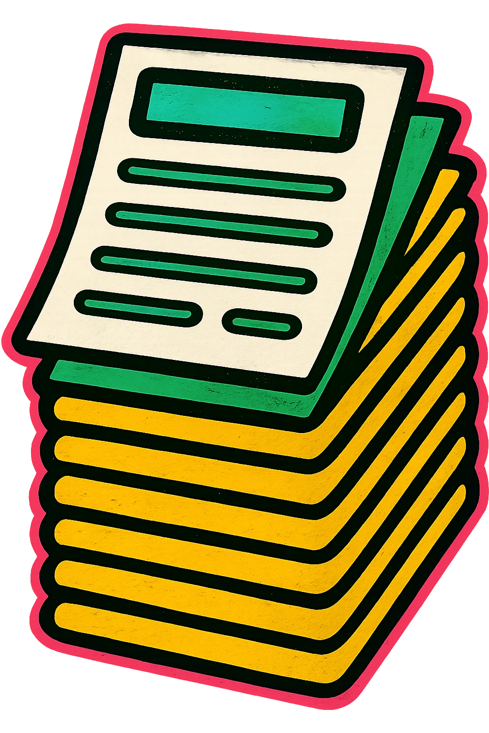 Make the stack of papers taller with a minimalistic style. Use a green, gold, and white color scheme. The design should have clean lines, with no background. emoji