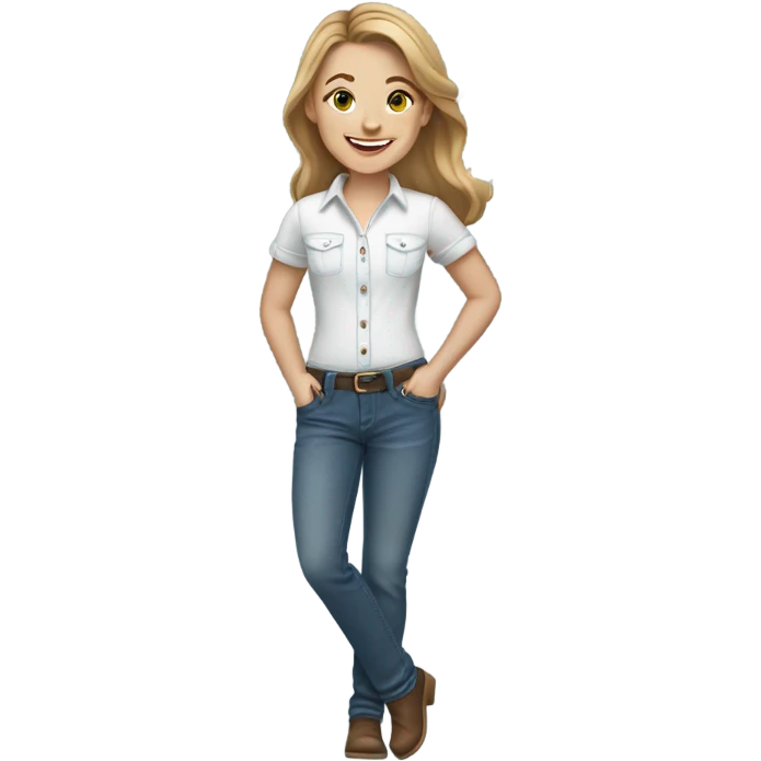 White girl with medium length light brown hair in denim jeans and white shirt smiles emoji