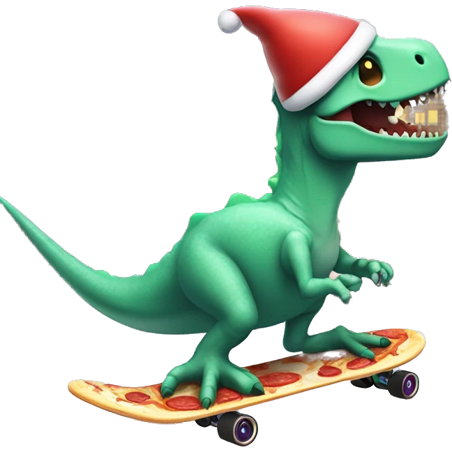 Dinossur riding a skateboard eating ice cream in one hand and pizza inbthe other with a Santa hat in the snow skating by a haunted house with bats flying around it emoji