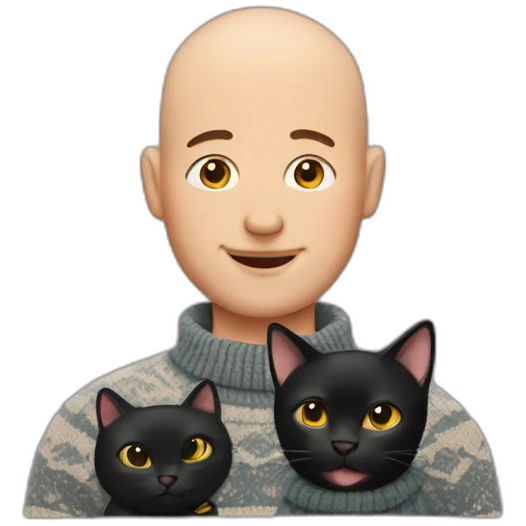 Bald man with funky sweater holding a black cat emoji