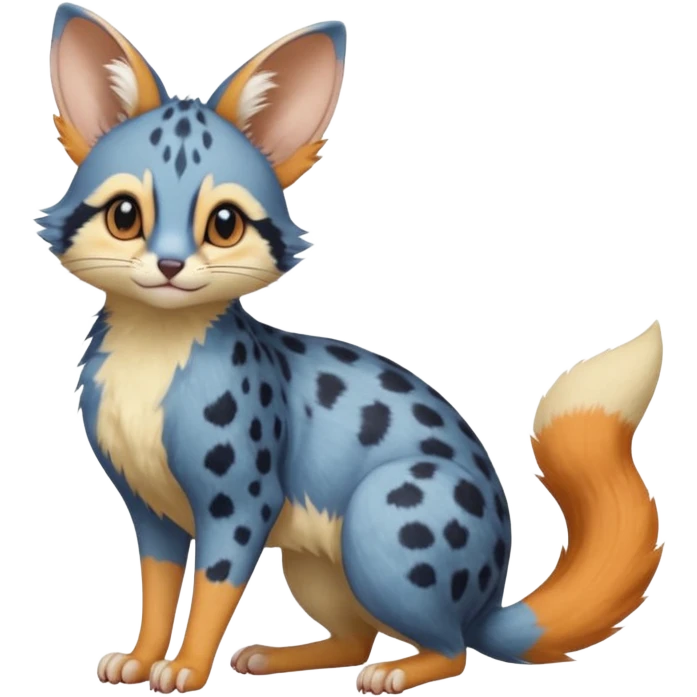 Blue, orange-pointed, soft realistic romantic vintage antique divine beautiful elegant pretty precious cute young youthful  Fakémon-Pokémon-opossum-feline-mouse-serval-caracal-chinchilla-Minccino-Cinccino-Meowstic-rodent-hybrid-creature with a big fluffy bushy tail (full body) emoji