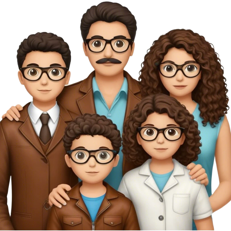 imagen de familia de cuatro personas, mujer pelo rizado castaño y gafas, hombre pelo marron de punta y fuerte, niño de 7 años pelo revuelto y castaño claro y niño de 10 años pelo marron oscuro emoji