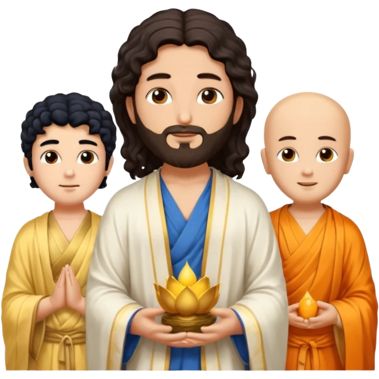 Create a Jesus, Krishna, and Buddha standing together. Jesus: long wavy dark-brown hair, short beard, wearing a simple white robe. 

 emoji